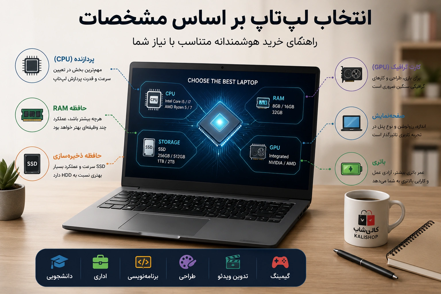 انتخاب لپتاپ بر اساس مشخصات سختافزاری مانند پردازنده، رم، SSD و کارت گرافیک