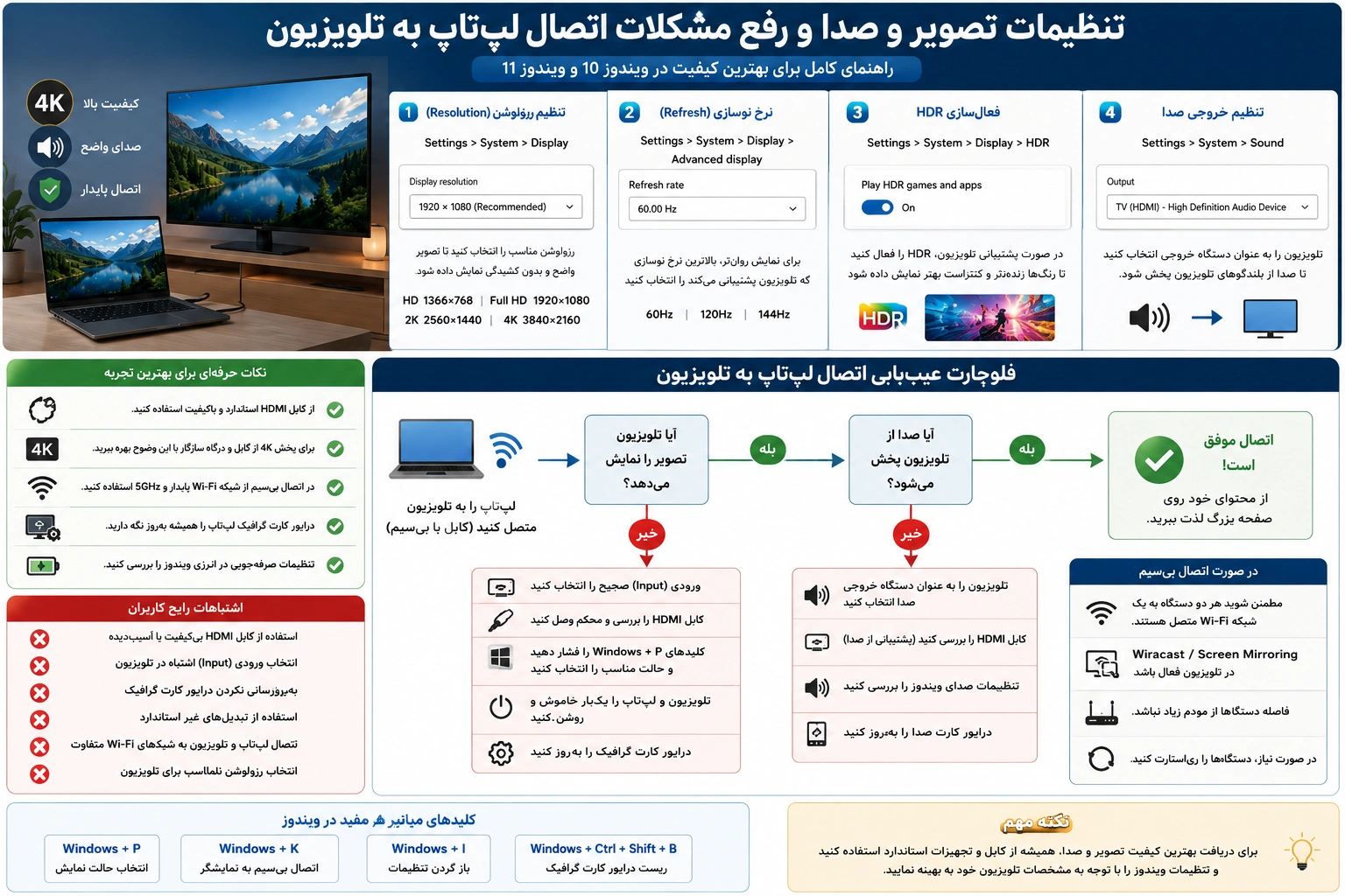تنظیم رزولوشن، خروجی صدا، HDR و رفع مشکلات اتصال لپ‌تاپ به تلویزیون در ویندوز 10 و ویندوز 11
