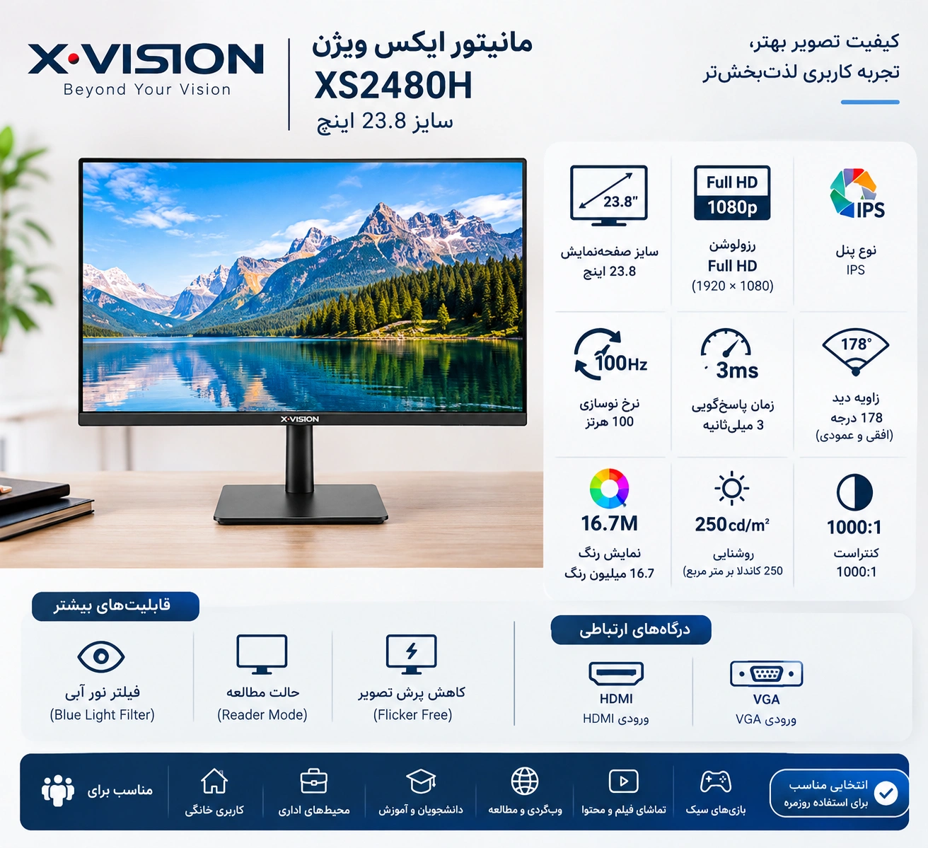 نقد و بررسی مانیتور ایکس ویژن مدل XS2480H سایز 23.8 اینچ در کالی شاپ