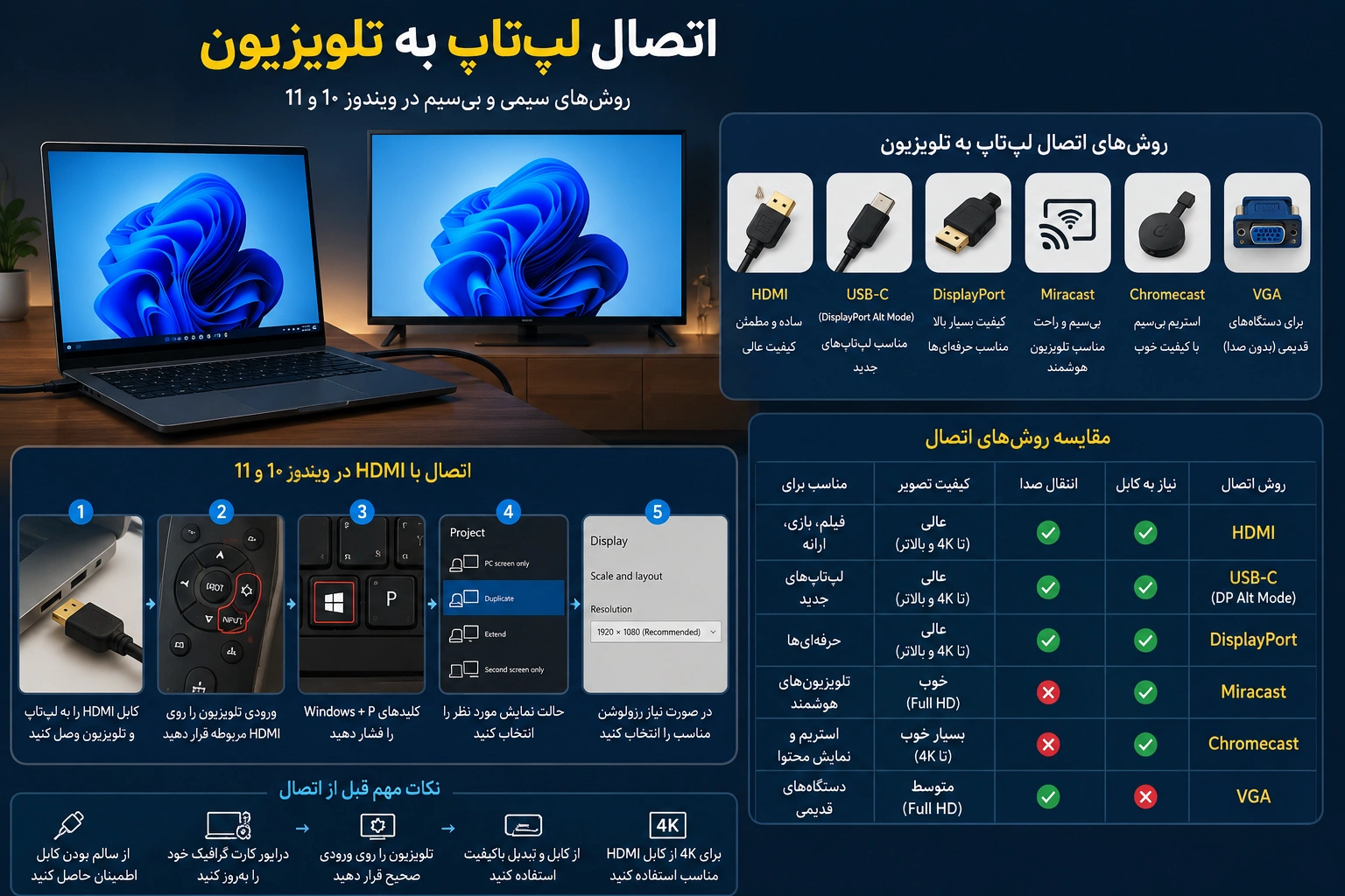 آموزش اتصال لپ‌تاپ به تلویزیون با کابل HDMI، USB-C، DisplayPort و اتصال بی‌سیم Miracast در ویندوز 10 و ویندوز 11